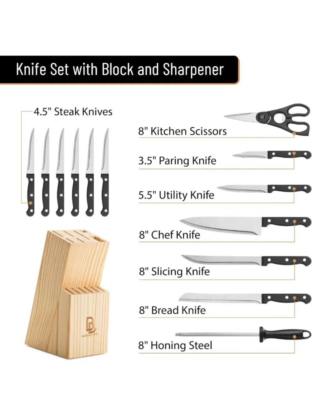 14-Piece Stainless Steel Kitchen Knife Set with Block & Sharpener - Durable